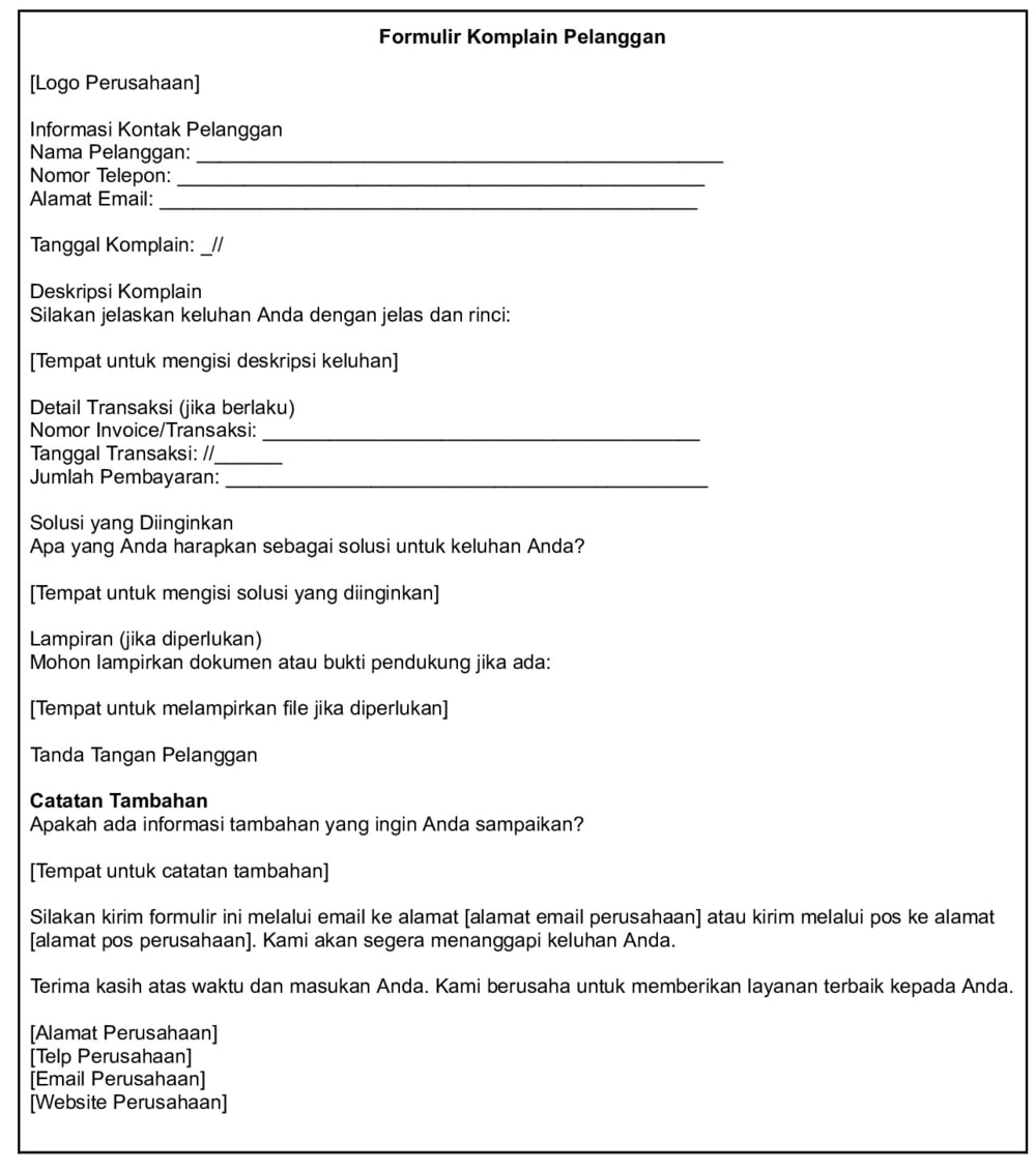 contoh form komplain pelanggan