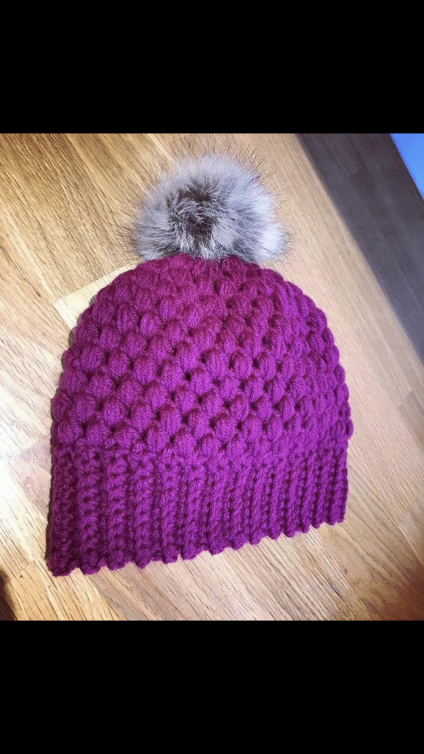 Plum Puff Stitch Crochet Beanie Faux Fur Pom Pom - main product image