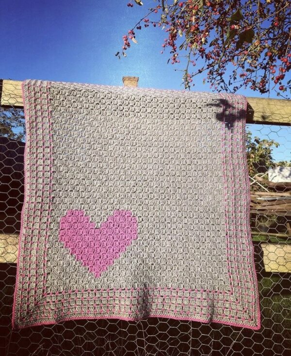 Dusky Pink & Grey Crochet Heart Baby Blanket - main product image