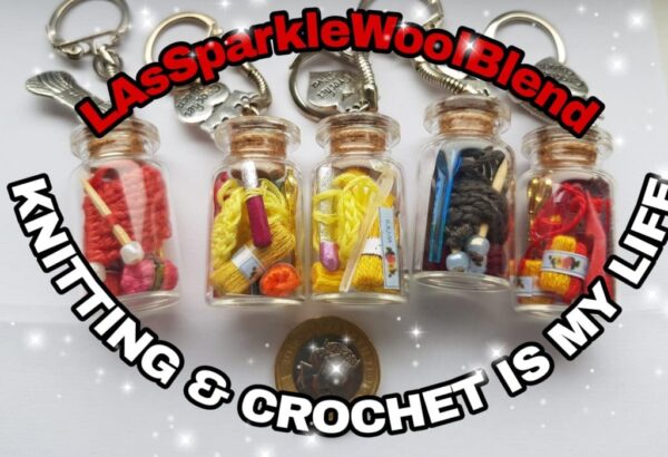 Miniature Knit/crochet glass bottle keyring - main product image