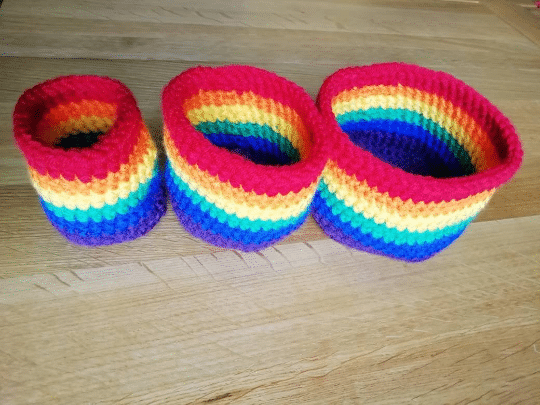 Trio nesting rainbow bowls, crochet storage pots, bright colours home decor, nursery decoration - product image 2