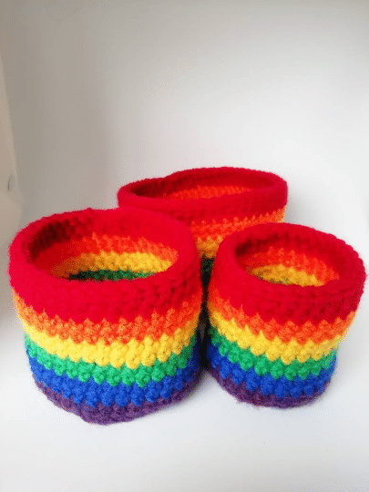 Trio nesting rainbow bowls, crochet storage pots, bright colours home decor, nursery decoration - main product image