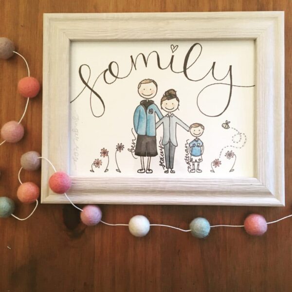 Framed Hand-Illustrated Family of 3 Portrait - main product image