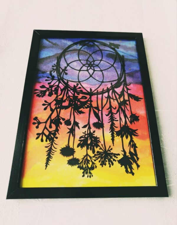 Beautiful wild flowers dreamcatcher papercut on sunset background - main product image