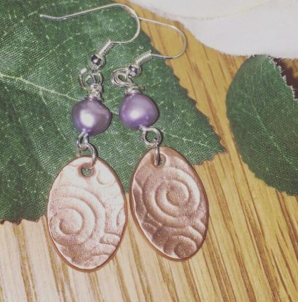 Handcrafted Solid copper, cultured Pearl sterling silver drop earrings, swirls design. - main product image