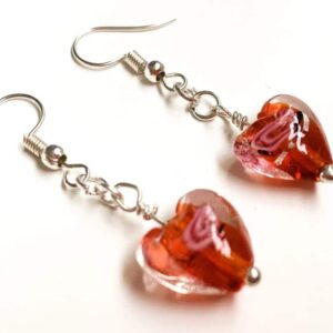 Red Floral Glass Heart Earrings