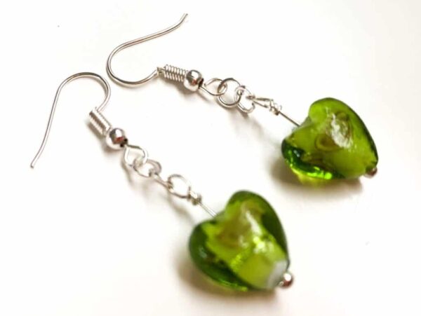 Olive Dark Green Floral Glass Heart Earrings - main product image