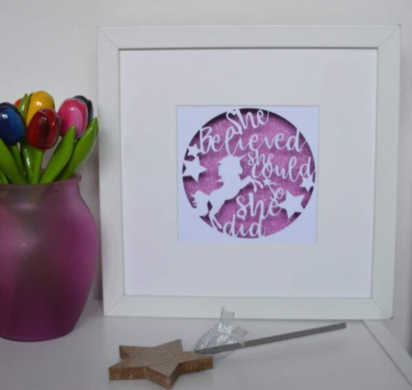 She Believed She Could So She Did / Shadow Box Frame / Paper Cut Art / Glitter and Unicorns - main product image