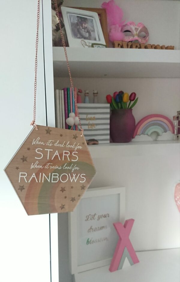 When it’s dark look for stars, When it rains look for rainbows, Hexagon Oak & Acrylic Sign - main product image