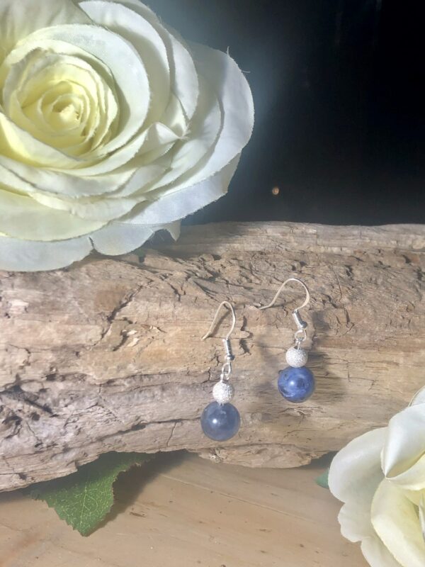 Sterling Silver and natural Blue Sodalite stone Earrings solid Silver stardust bead - product image 2