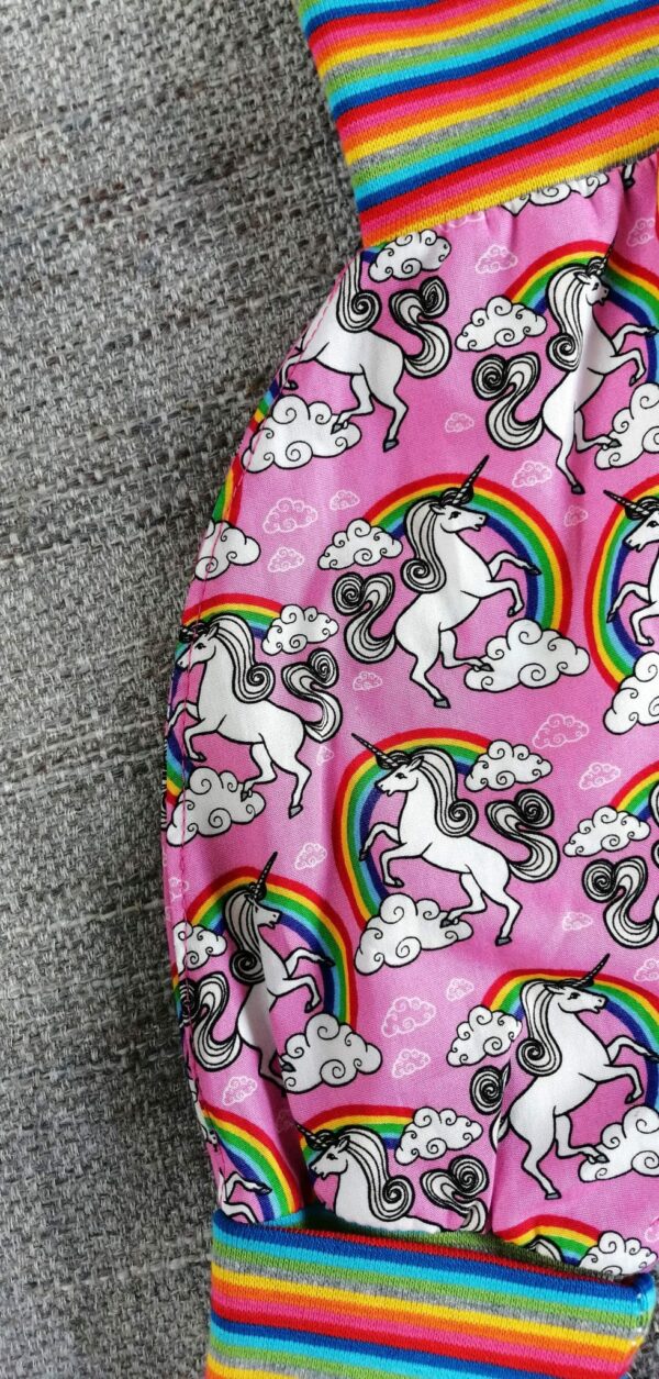 Rainbow unicorn poplin cotton ‘grow with me’ harem pants. 3-12months - product image 2