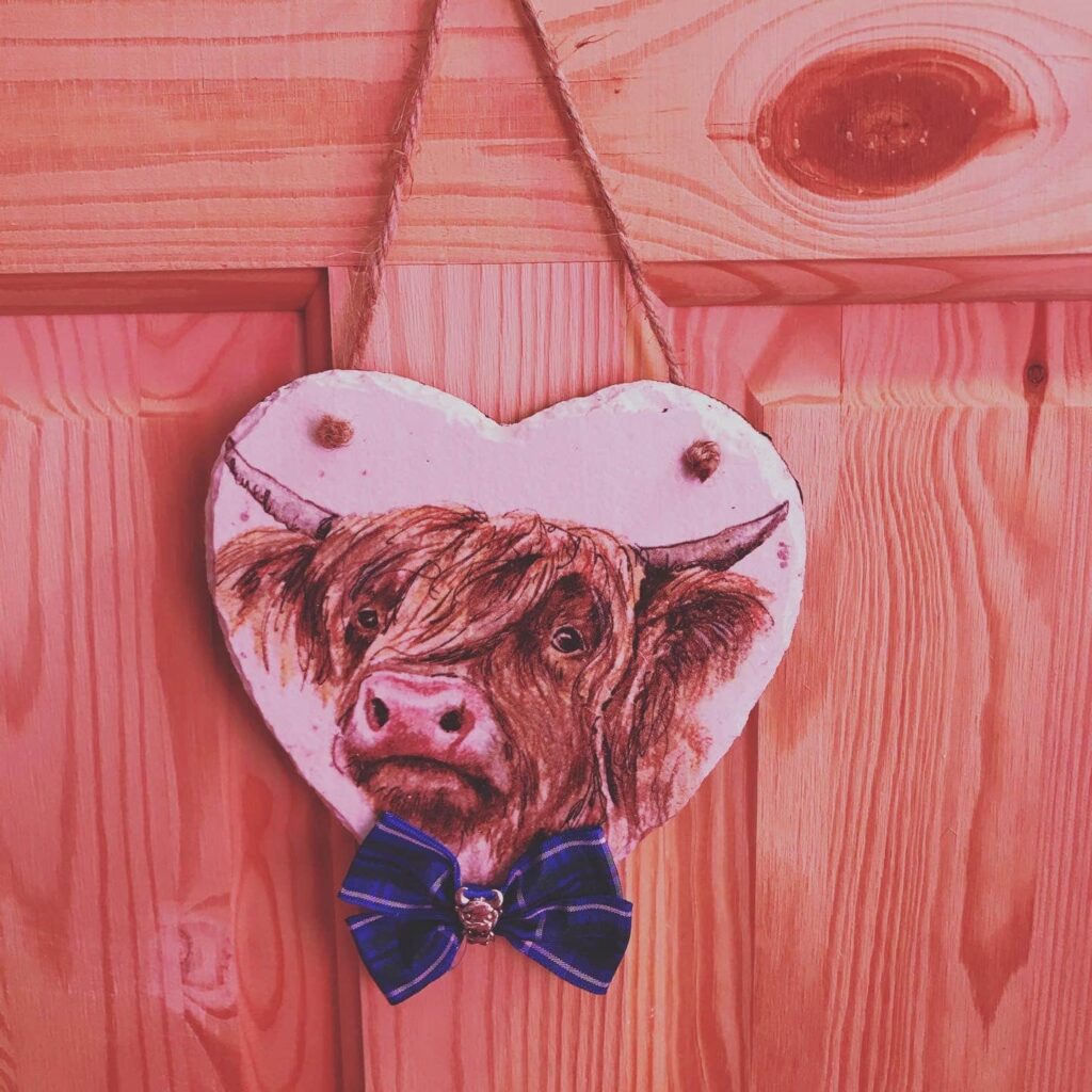 15cm Slate Heart with Highland Cow detail