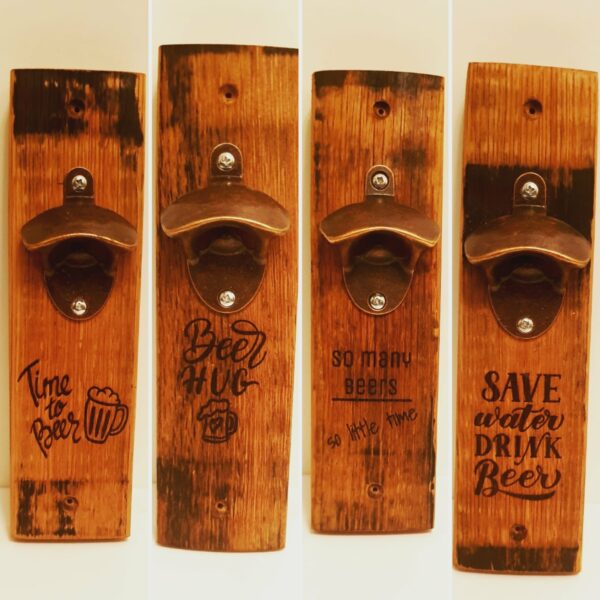 Whisky barrel stave bottle opener with beer related quote - main product image