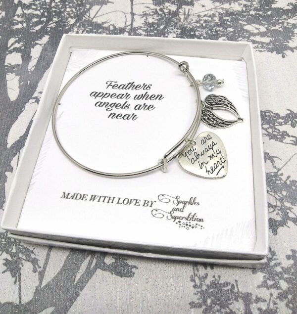 When Feathers Appear Steel Bangle Charm Bracelet - main product image