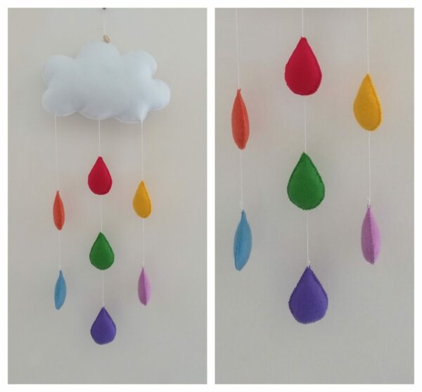 Handmade felt baby cloud mobile rainbow raindrops nursery hanging decoration - main product image