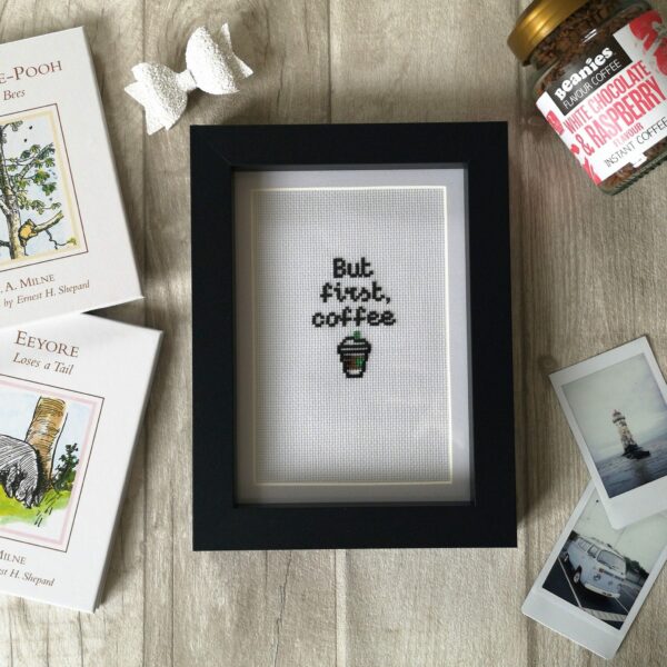 “But first, coffee” Cross Stitch (includes frame) - main product image