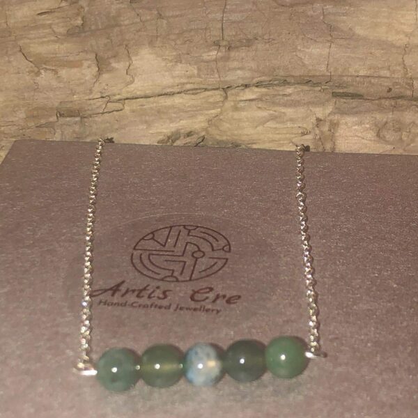 5 stone round Natural Moss Agate greens Irish made sterling 17” necklace - main product image