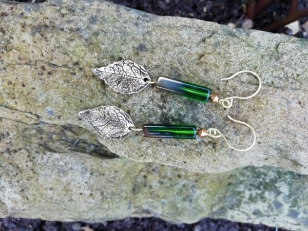 Green and gold brass leaf dangle earrings - product image 4