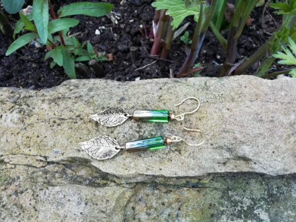 Green and gold brass leaf dangle earrings - product image 2