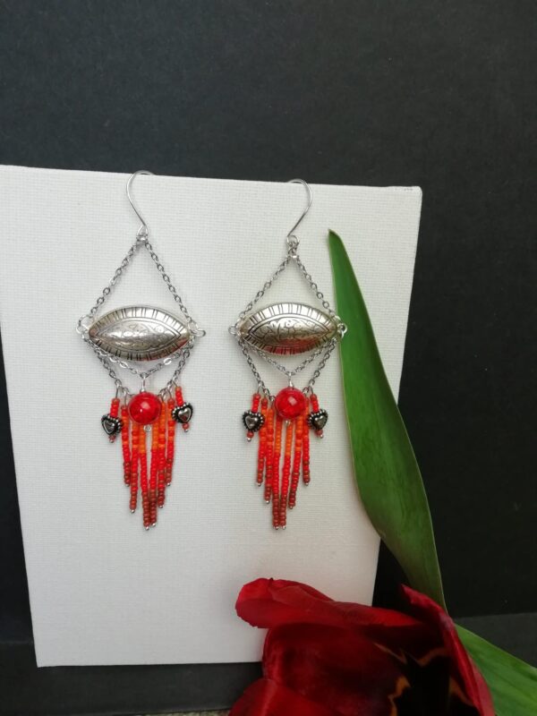 Large statement boho red and orange dangle earrings - product image 3