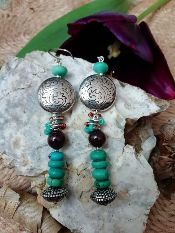 Long boho turquoise and dark burgandy dangle earrings - product image 2