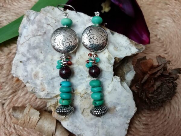 Long boho turquoise and dark burgandy dangle earrings - main product image