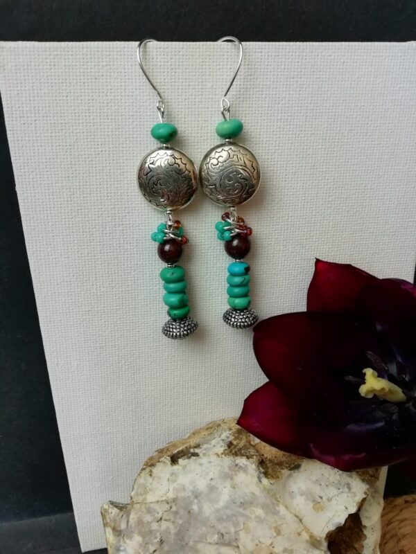 Long boho turquoise and dark burgandy dangle earrings - product image 3