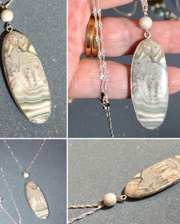 Crazy Lace Agate Natural gemstone pendant sterling Silver Stardust bead 18” twisted curb chain - main product image