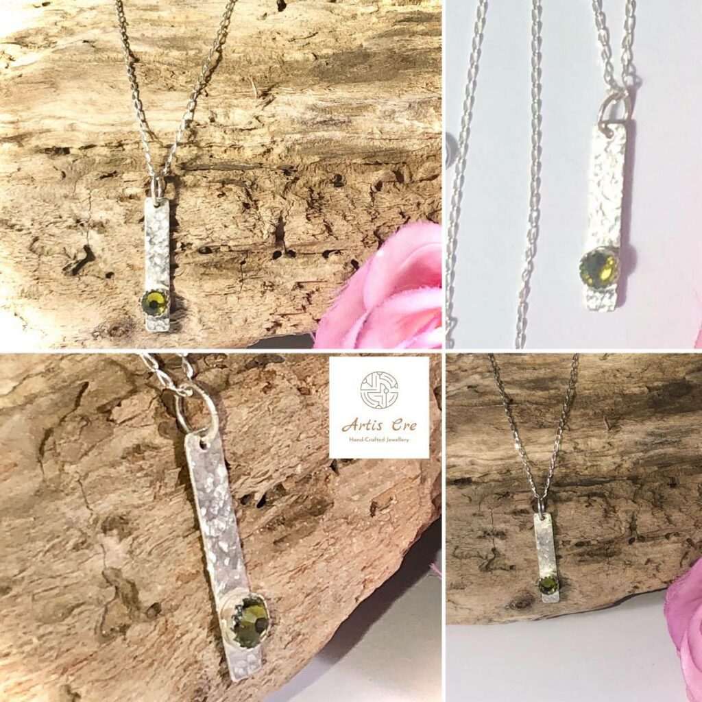 Sterling Silver Hammered texture bar pendant with Green olivine Swarovski Crystal 22″ chain