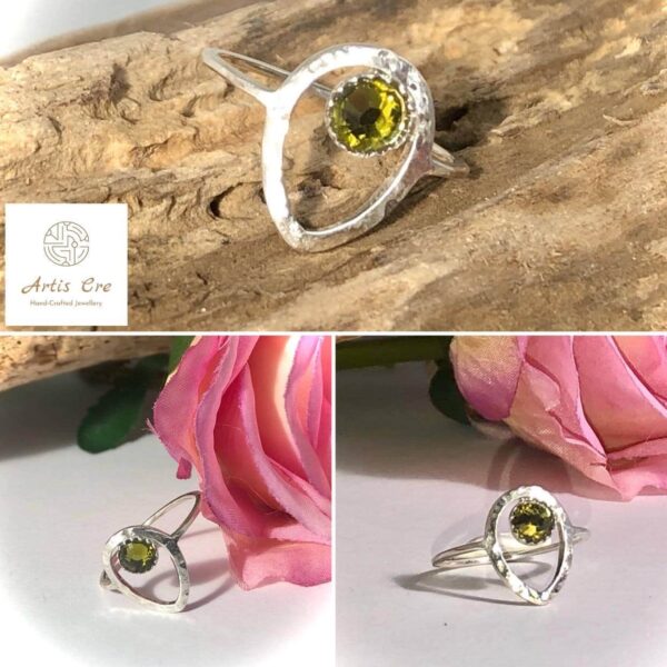 Sterling Silver Teardrop hammered texture Ring Green Olivine Swarovski Crystal UK size 9 - main product image