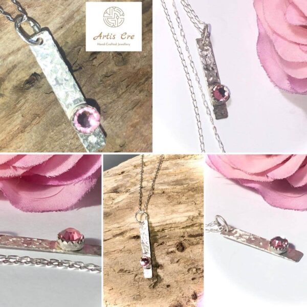 Sterling Silver Textured bar pendant Pink Swarovski crystal 22″ chain - main product image