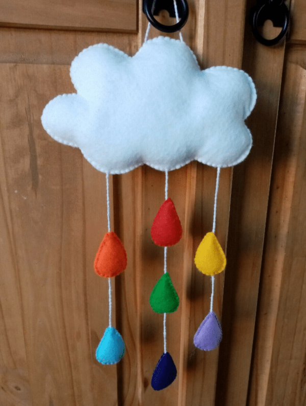 Handmade felt baby mini cloud mobile rainbow raindrops nursery hanging decoration - main product image