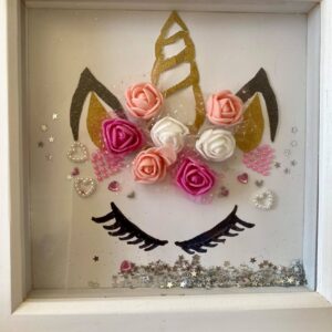 Unicorn framed picture deep frame 7.5”x7.5”x1.5” flowers pink