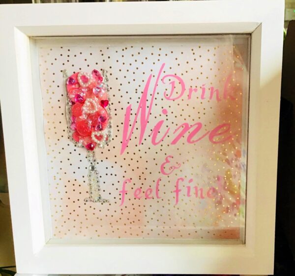 Deep Picture Frame “drink wine feel fine” wall art decorated with sparkles & buttons 15cm x 15cm - main product image