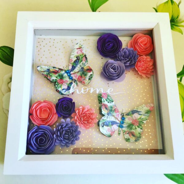 Deep Picture Frame “Home” wall art decorated with flowers & butterflies 15cm x 15cm - main product image