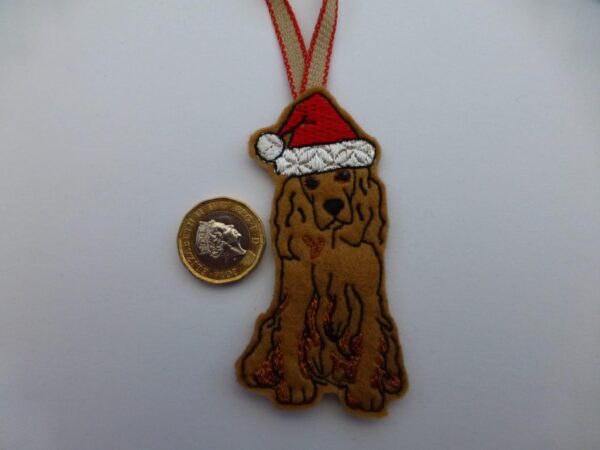 Golden spaniel in santa hat – Christmas tree decoration - product image 2