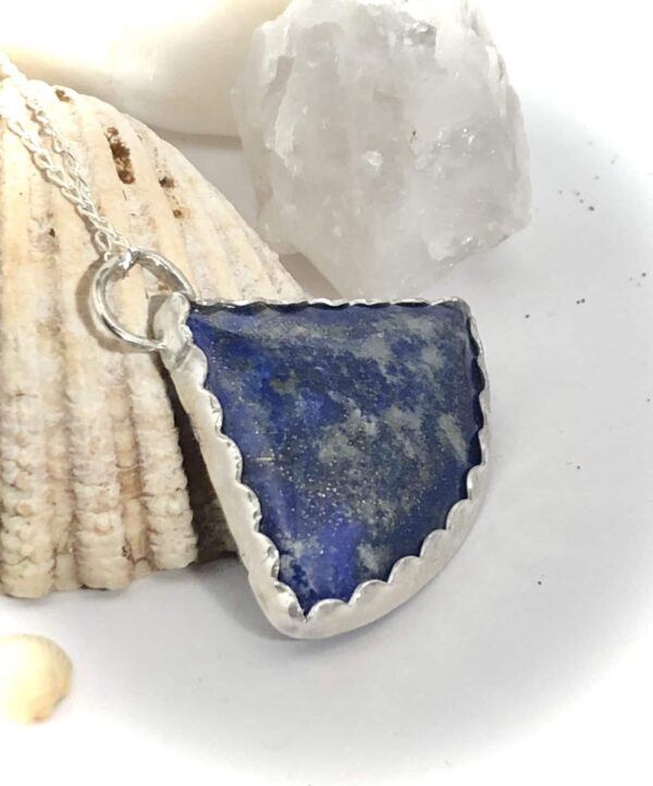 Natural Lapis Lazuli gemstone triang pendant scalloped solid fine Silver on 16” sterling diamond cut - product image 5