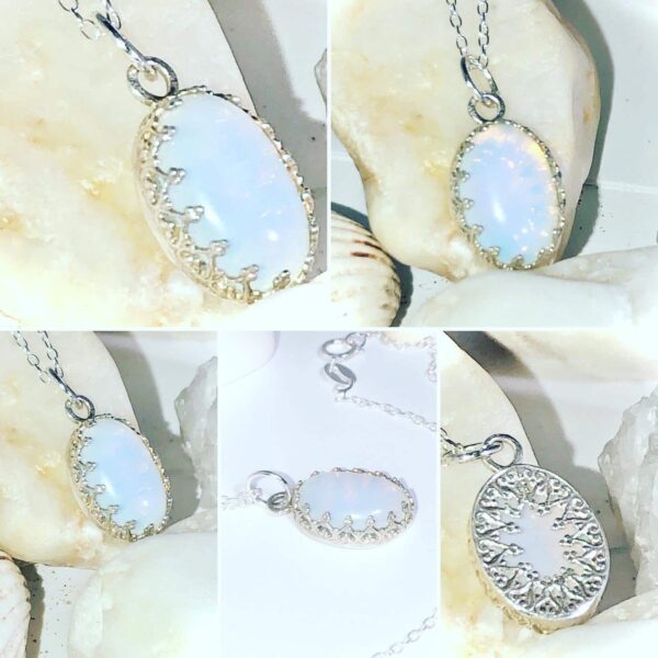 Opalite in fancy Sterling Silver bezel on 18” sterling Silver diamond cut curb chain - main product image