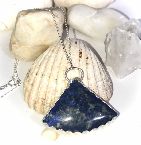 Natural Lapis Lazuli gemstone triang pendant scalloped solid fine Silver on 16” sterling diamond cut - product image 2