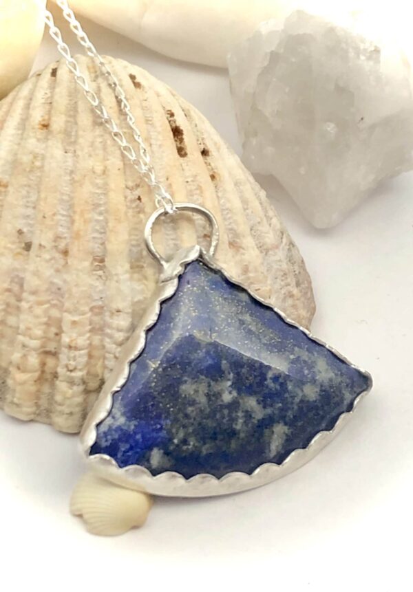 Natural Lapis Lazuli gemstone triang pendant scalloped solid fine Silver on 16” sterling diamond cut - product image 4