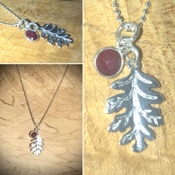 Natural Ruby gemstone charm sterling silver oakleaf pendant 16” chain - main product image