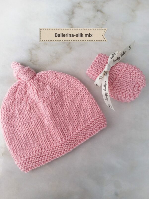 Baby knitted Cashmerino silk SET – topknot hat – & little scratch mittens - main product image