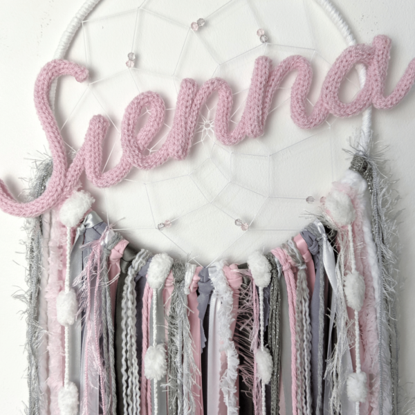 Large Personalised Dreamcatcher Pink Grey White Handmade Gift Bedroom Nursery Baby Wall Hanging - product image 2