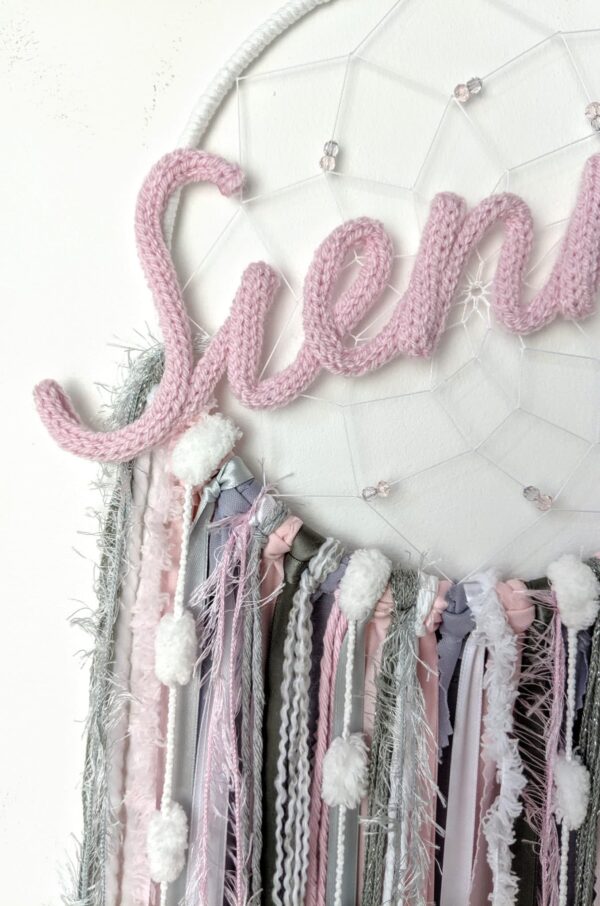 Large Personalised Dreamcatcher Pink Grey White Handmade Gift Bedroom Nursery Baby Wall Hanging - product image 4