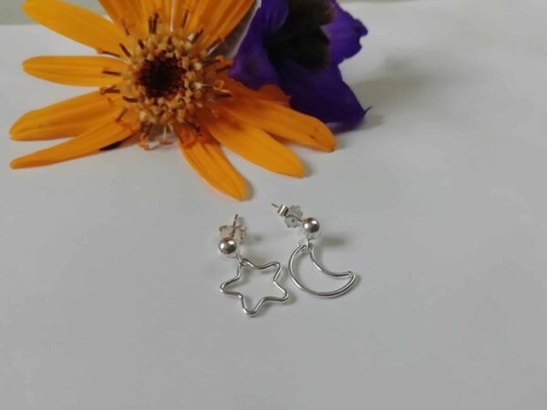 Dainty star earrings, crescent moon earrings, silver earrings lightweight, mismatched earrings - main product image
