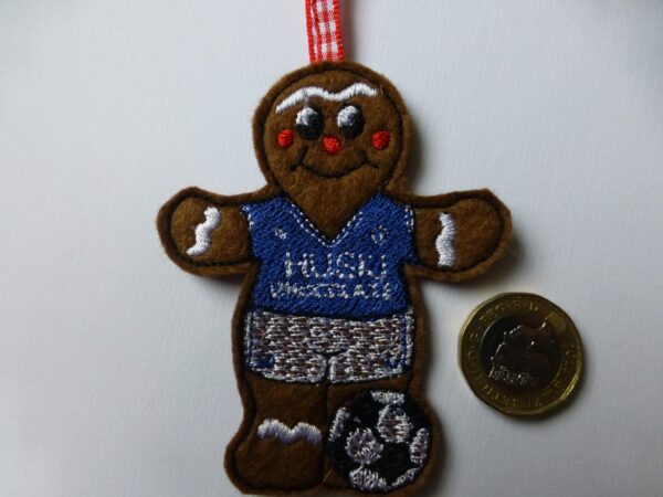 Embroidered gingerbread footballer in Milwall colours Christmas tree hanging decoration - main product image