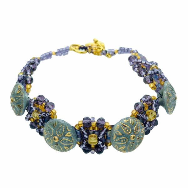 Purple, Grey and Gold Art Deco Glass Button, Crystal & Bead Bracelet - product image 2