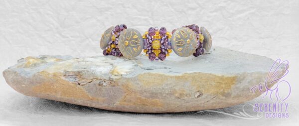 Purple, Grey and Gold Art Deco Glass Button, Crystal & Bead Bracelet - main product image