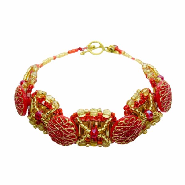 Red and Gold Art Deco Glass Button, Crystal & Bead Bracelet - product image 2