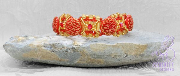 Red and Gold Art Deco Glass Button, Crystal & Bead Bracelet - main product image